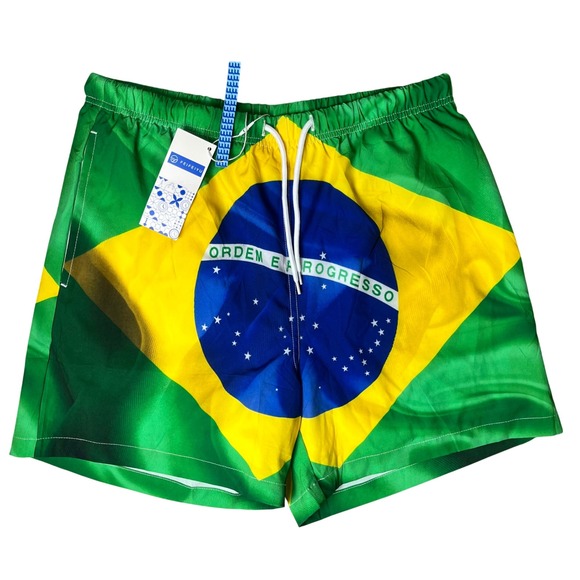FEIFEIYU Other - FEIFEIYU Brazil Flag Swim Trunks Mens Size S Green Yellow Ordem e Progresso
